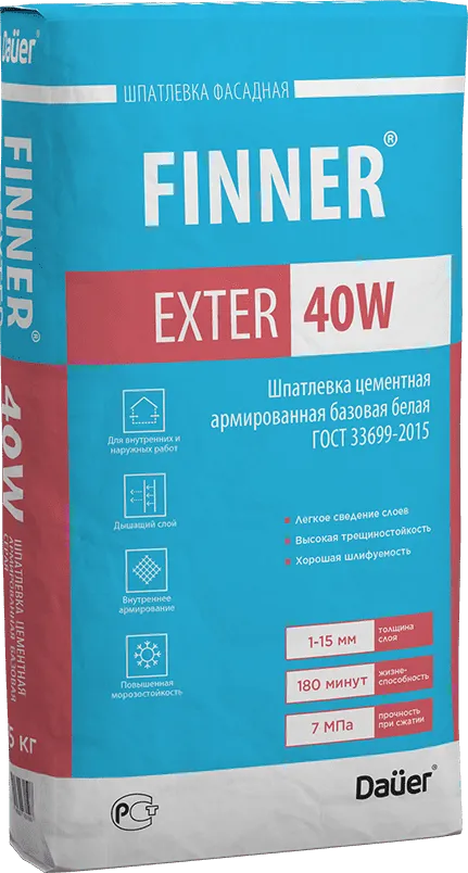 Шпатлевка цементная армированная базовая белая Dauer FINNER EXTER 40W